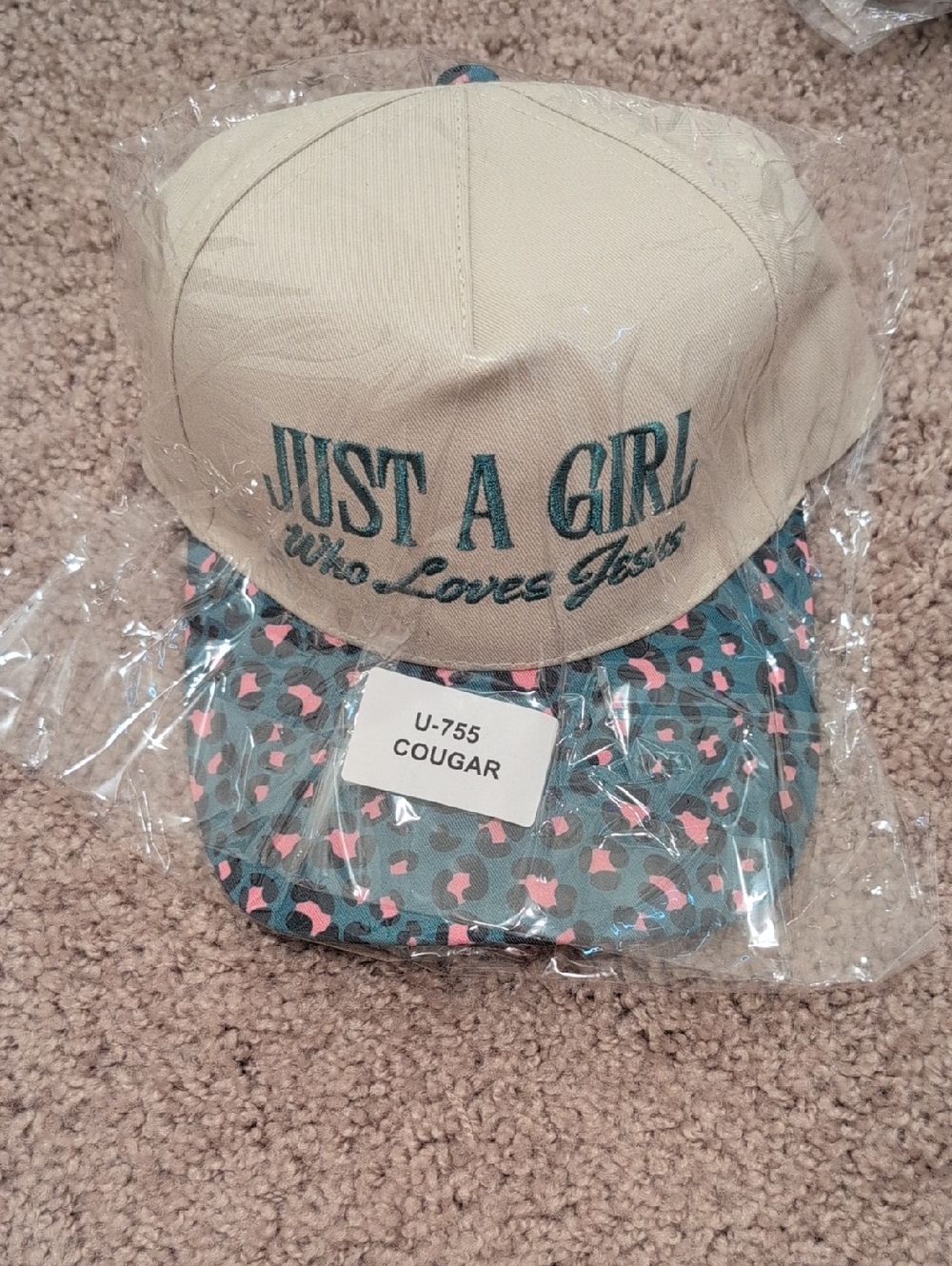 Zenana Outfitters Beige Cap with Teal Script and Pink-Accented Leopard Brim